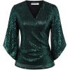 imageGRACE KARIN Womens Sparkly Sequin Tops34 Sleeve Glitter Party Dressy BlouseVNeck Disco Evening Club Concert ShirtGreen on Black