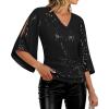 imageGRACE KARIN Womens Sparkly Sequin Tops34 Sleeve Glitter Party Dressy BlouseVNeck Disco Evening Club Concert ShirtBlack