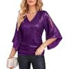imageGRACE KARIN Womens Sparkly Sequin Tops34 Sleeve Glitter Party Dressy BlouseVNeck Disco Evening Club Concert ShirtPurple
