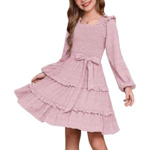 imageGRACE KARIN Girls Ruffled Dress 614Y Fall Long Sleeves Christmas Party Festive DressesLight Pink
