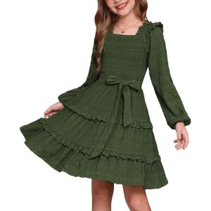 imageGRACE KARIN Girls Ruffled Dress 614Y Fall Long Sleeves Christmas Party Festive DressesOlive Green