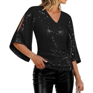 imageGRACE KARIN Womens Sparkly Sequin Tops34 Sleeve Glitter Party Dressy BlouseVNeck Disco Evening Club Concert ShirtBlack
