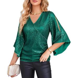 imageGRACE KARIN Womens Sparkly Sequin Tops34 Sleeve Glitter Party Dressy BlouseVNeck Disco Evening Club Concert ShirtBluegreen