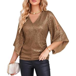imageGRACE KARIN Womens Sparkly Sequin Tops34 Sleeve Glitter Party Dressy BlouseVNeck Disco Evening Club Concert ShirtBrown