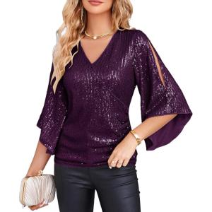 imageGRACE KARIN Womens Sparkly Sequin Tops34 Sleeve Glitter Party Dressy BlouseVNeck Disco Evening Club Concert ShirtDark Purple