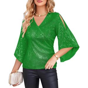 imageGRACE KARIN Womens Sparkly Sequin Tops34 Sleeve Glitter Party Dressy BlouseVNeck Disco Evening Club Concert ShirtFantasy Lime Green