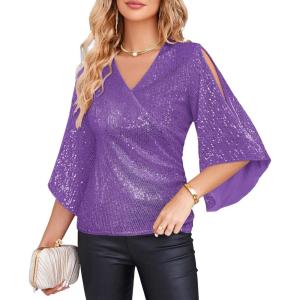 imageGRACE KARIN Womens Sparkly Sequin Tops34 Sleeve Glitter Party Dressy BlouseVNeck Disco Evening Club Concert ShirtLavender
