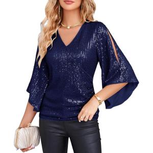 imageGRACE KARIN Womens Sparkly Sequin Tops34 Sleeve Glitter Party Dressy BlouseVNeck Disco Evening Club Concert ShirtNavy Blue