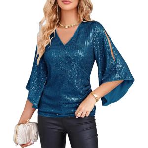 imageGRACE KARIN Womens Sparkly Sequin Tops34 Sleeve Glitter Party Dressy BlouseVNeck Disco Evening Club Concert ShirtPeacock Blue