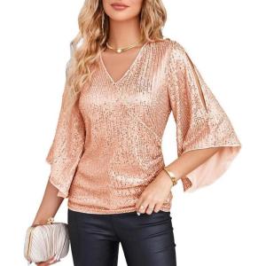 imageGRACE KARIN Womens Sparkly Sequin Tops34 Sleeve Glitter Party Dressy BlouseVNeck Disco Evening Club Concert ShirtRose Gold