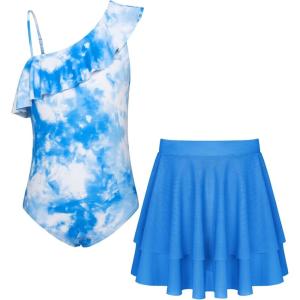 imageGRACE KARIN Girls Swimsuit with Skirt One Piece Bathing Suit Swimwear 614YBlue White