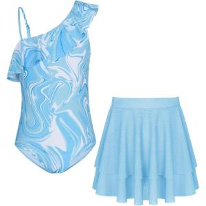 imageGRACE KARIN Girls Swimsuit with Skirt One Piece Bathing Suit Swimwear 614YLight Blue Fluid