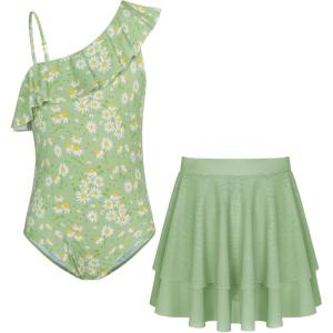 imageGRACE KARIN Girls Swimsuit with Skirt One Piece Bathing Suit Swimwear 614YLight Green Daisy