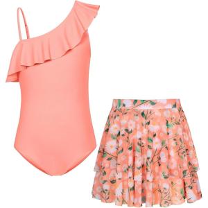 imageGRACE KARIN Girls Swimsuit with Skirt One Piece Bathing Suit Swimwear 614YOrange Pink Daisy