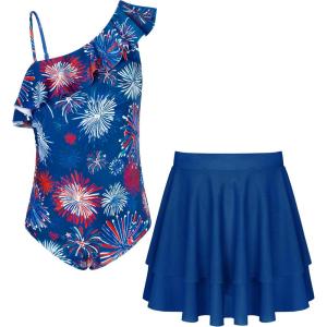 imageGRACE KARIN Girls Swimsuit with Skirt One Piece Bathing Suit Swimwear 614YRed and Blue Fireworks