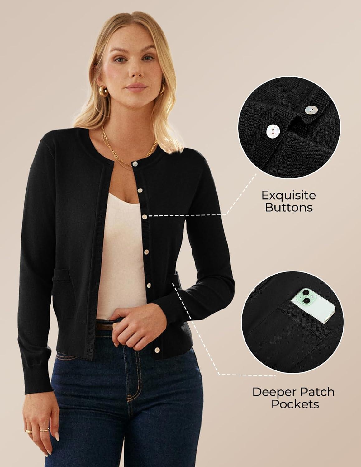 imageGRACE KARIN Cardigan Sweaters for Women Fall Fashion Crew Neck Button up Cardigan Long Sleeve Lightweight Cardigans 2025Black