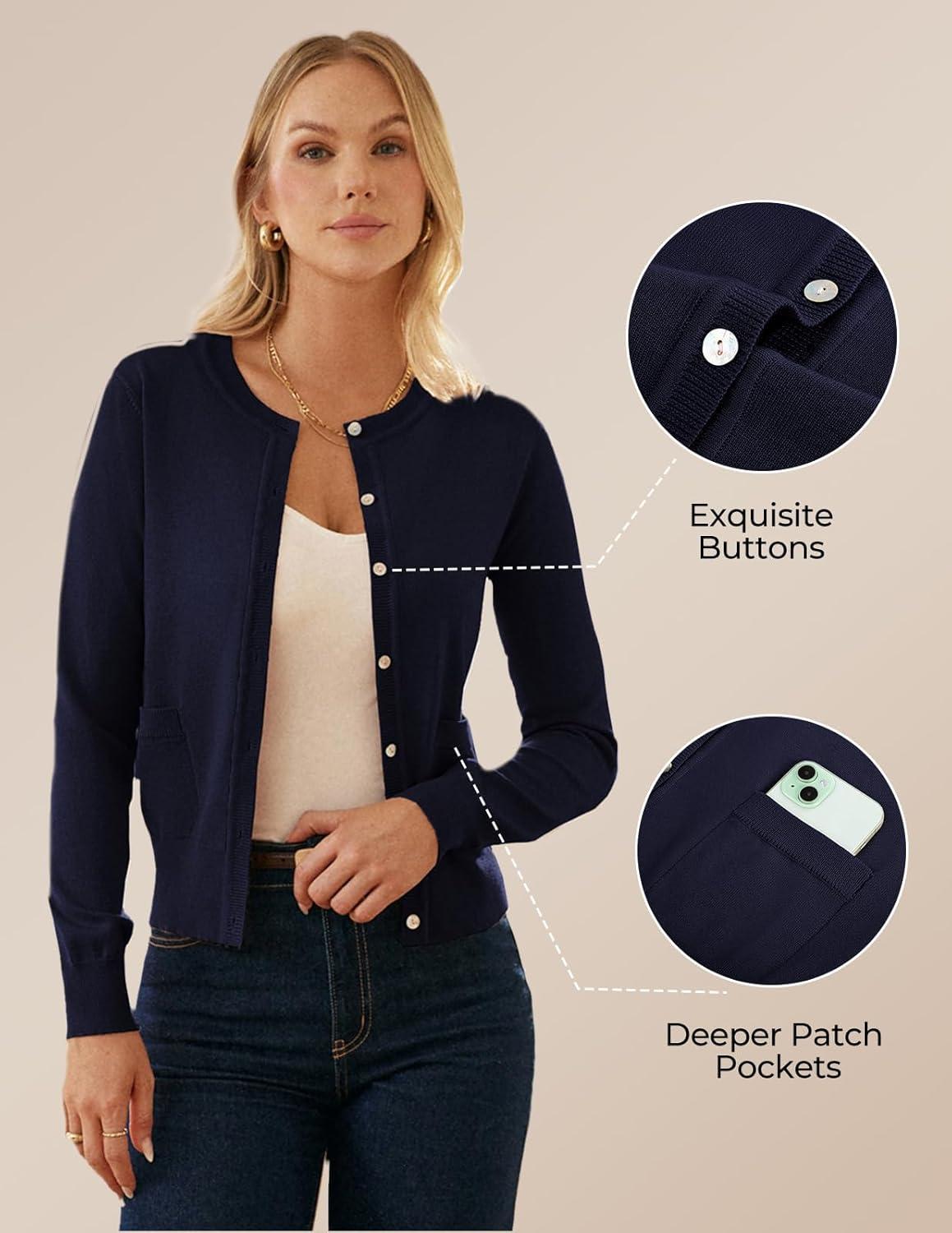 imageGRACE KARIN Cardigan Sweaters for Women Fall Fashion Crew Neck Button up Cardigan Long Sleeve Lightweight Cardigans 2025Navy Blue