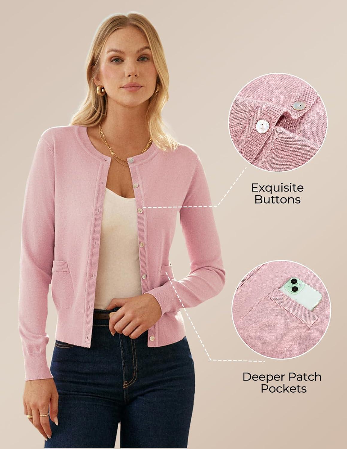 imageGRACE KARIN Cardigan Sweaters for Women Fall Fashion Crew Neck Button up Cardigan Long Sleeve Lightweight Cardigans 2025Pink