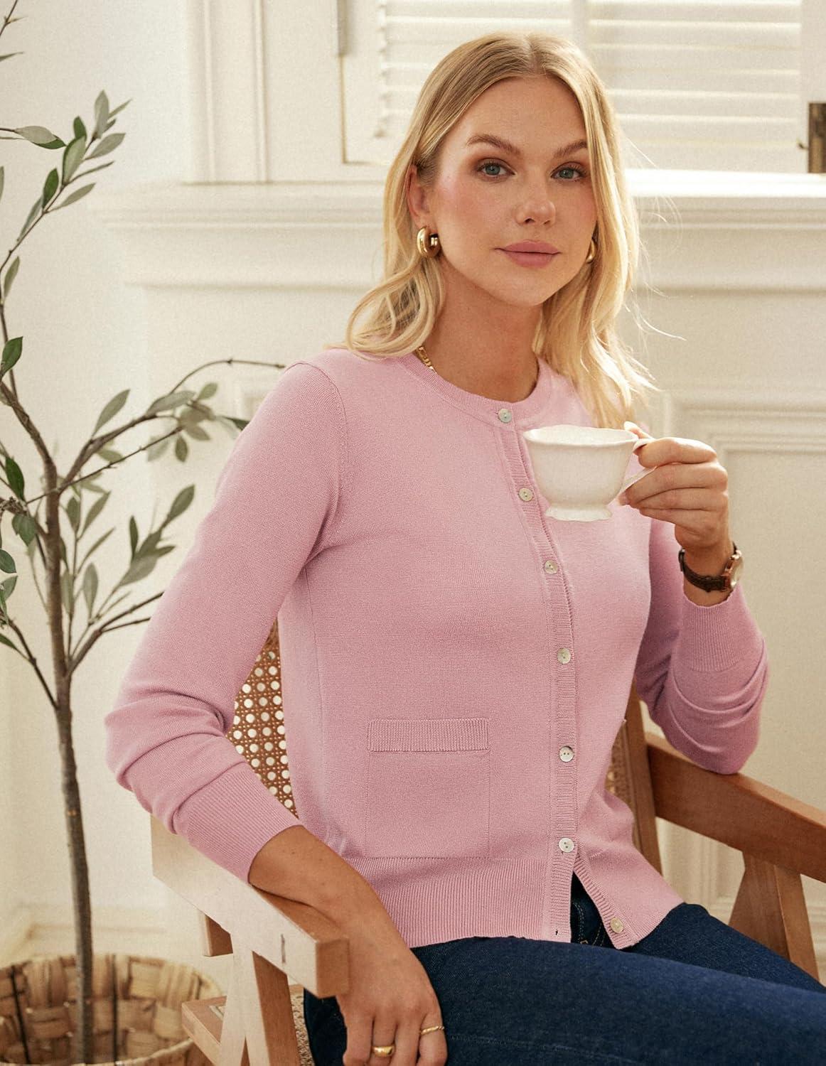 imageGRACE KARIN Cardigan Sweaters for Women Fall Fashion Crew Neck Button up Cardigan Long Sleeve Lightweight Cardigans 2025Pink