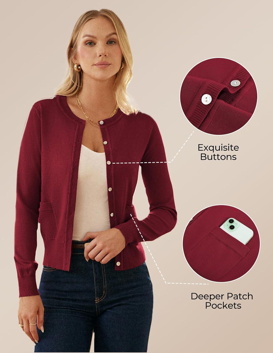 imageGRACE KARIN Cardigan Sweaters for Women Fall Fashion Crew Neck Button up Cardigan Long Sleeve Lightweight Cardigans 2025Red