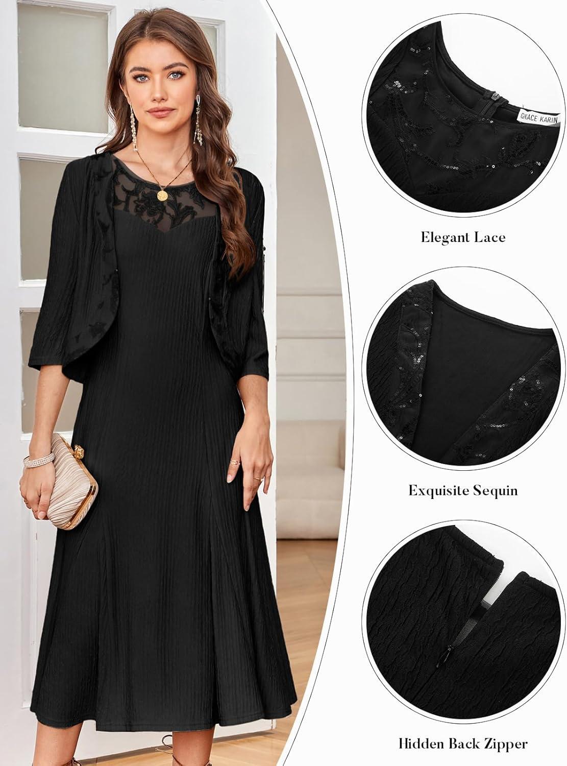 imageGRACE KARIN Grandma of The Bridal DressWeddings Cocktail Evening Dresse for Women Lace Sequins Midi Dresses with JacketsBlack