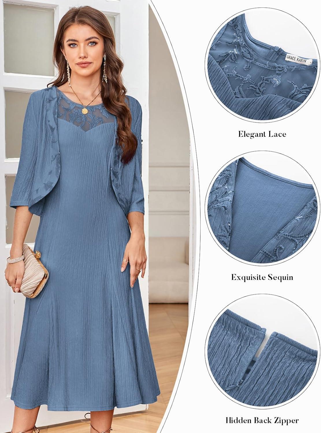 imageGRACE KARIN Grandma of The Bridal DressWeddings Cocktail Evening Dresse for Women Lace Sequins Midi Dresses with JacketsBlue