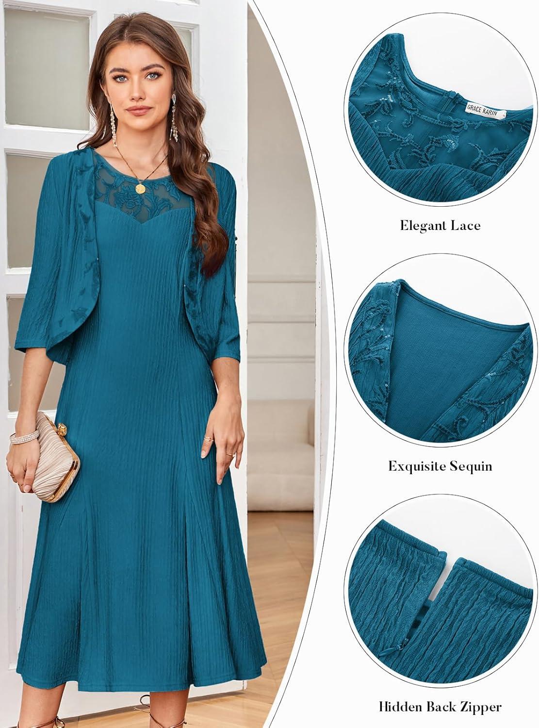 imageGRACE KARIN Grandma of The Bridal DressWeddings Cocktail Evening Dresse for Women Lace Sequins Midi Dresses with JacketsBluegreen