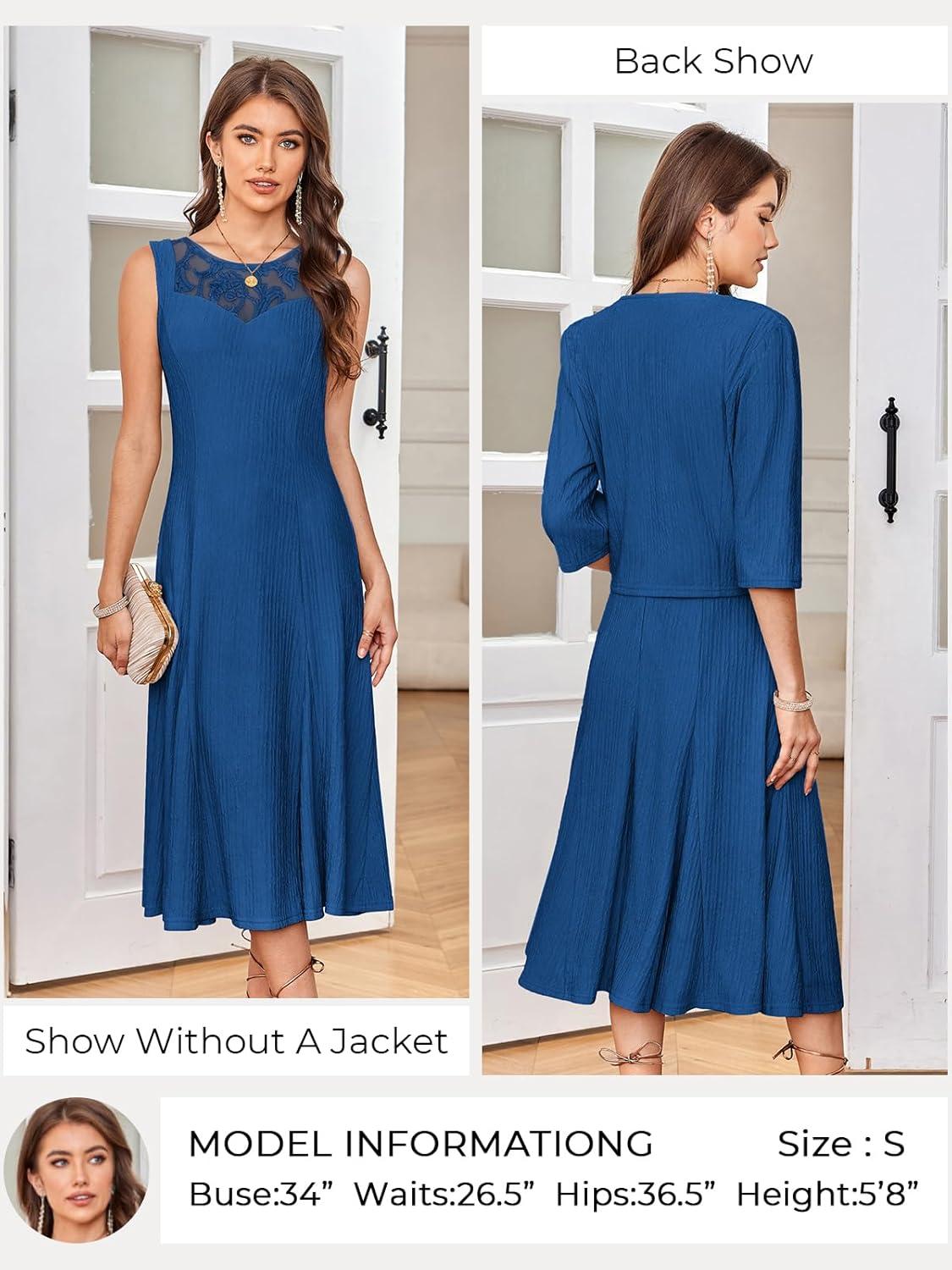 imageGRACE KARIN Grandma of The Bridal DressWeddings Cocktail Evening Dresse for Women Lace Sequins Midi Dresses with JacketsDark Blue