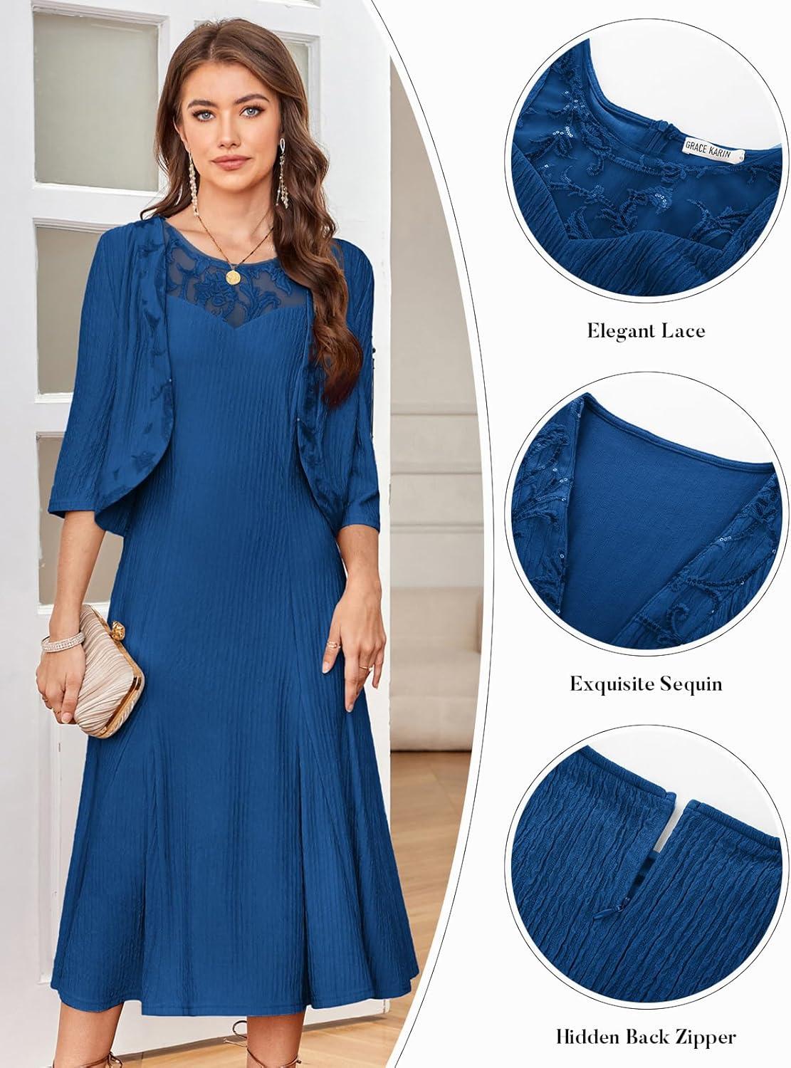 imageGRACE KARIN Grandma of The Bridal DressWeddings Cocktail Evening Dresse for Women Lace Sequins Midi Dresses with JacketsDark Blue