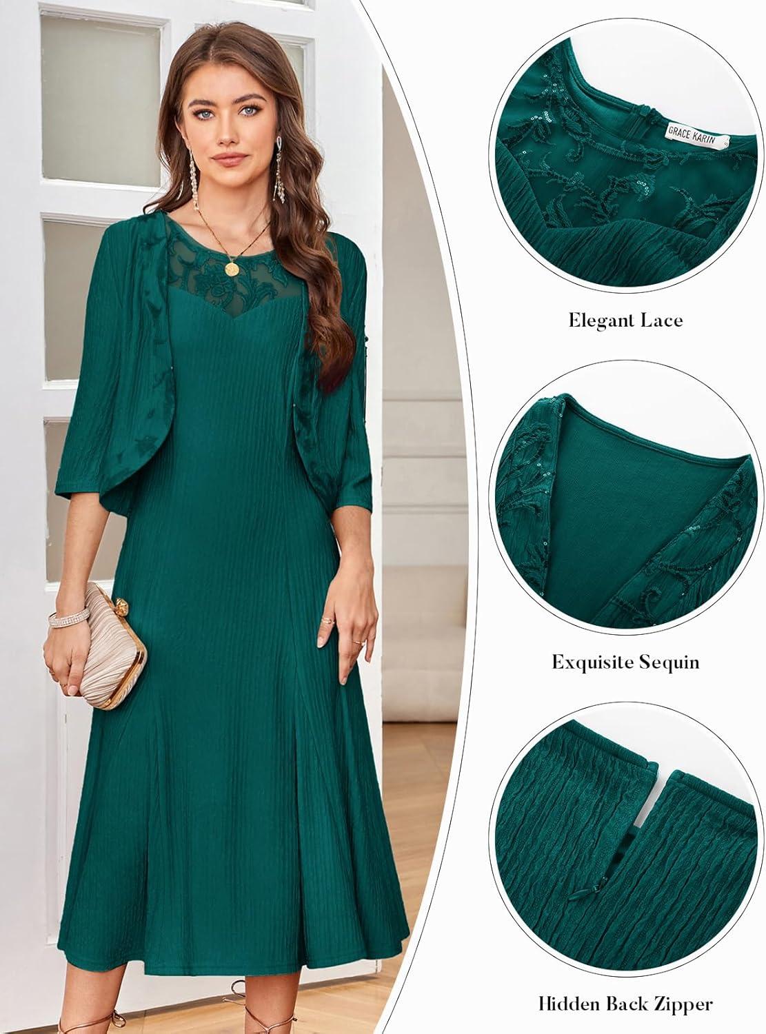 imageGRACE KARIN Grandma of The Bridal DressWeddings Cocktail Evening Dresse for Women Lace Sequins Midi Dresses with JacketsDark Green