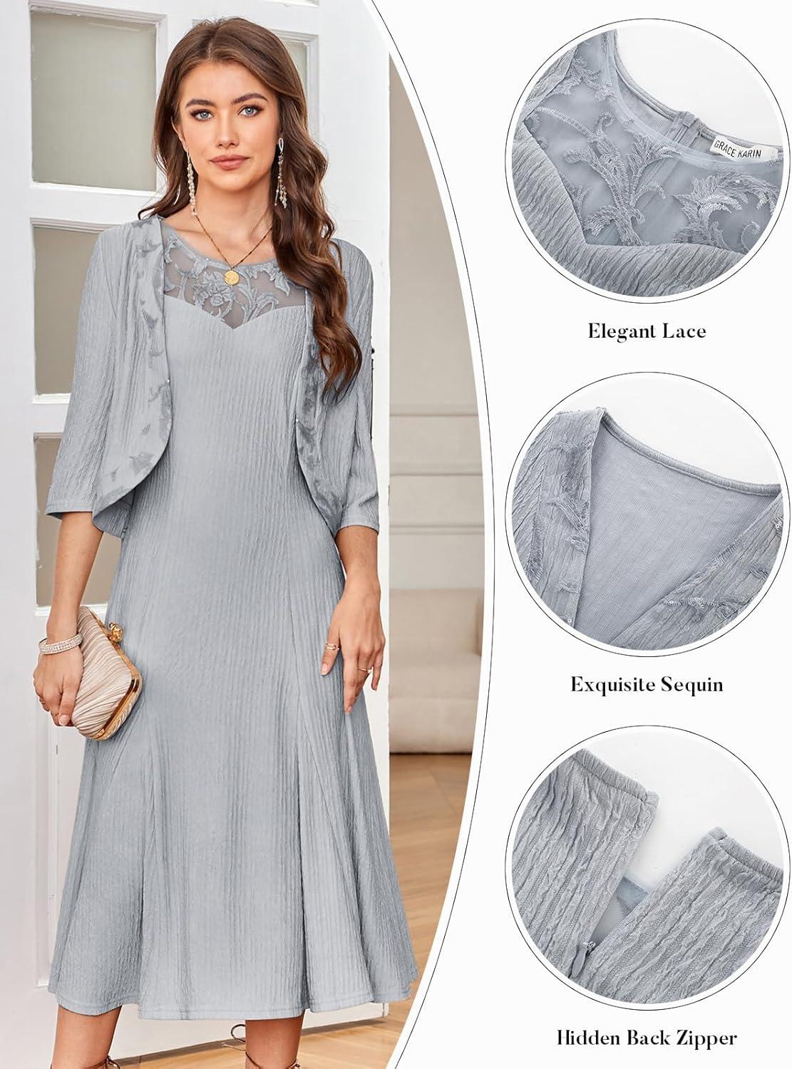 imageGRACE KARIN Grandma of The Bridal DressWeddings Cocktail Evening Dresse for Women Lace Sequins Midi Dresses with JacketsLight Gray