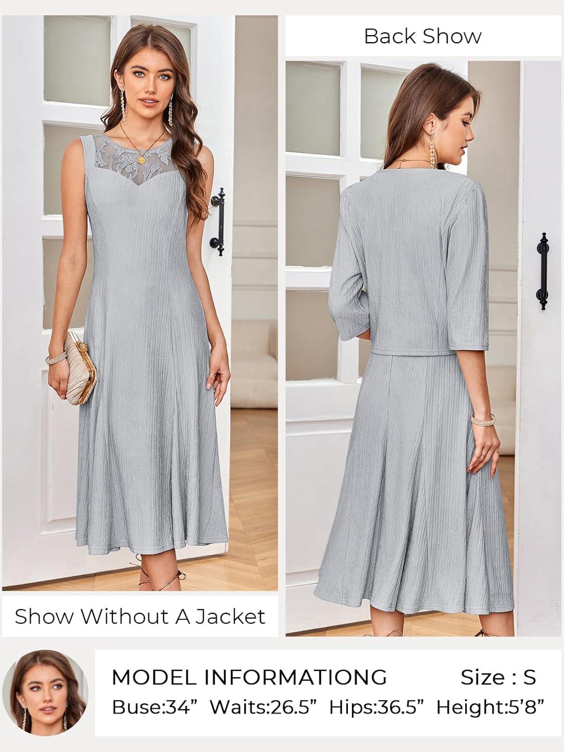 imageGRACE KARIN Grandma of The Bridal DressWeddings Cocktail Evening Dresse for Women Lace Sequins Midi Dresses with JacketsLight Gray