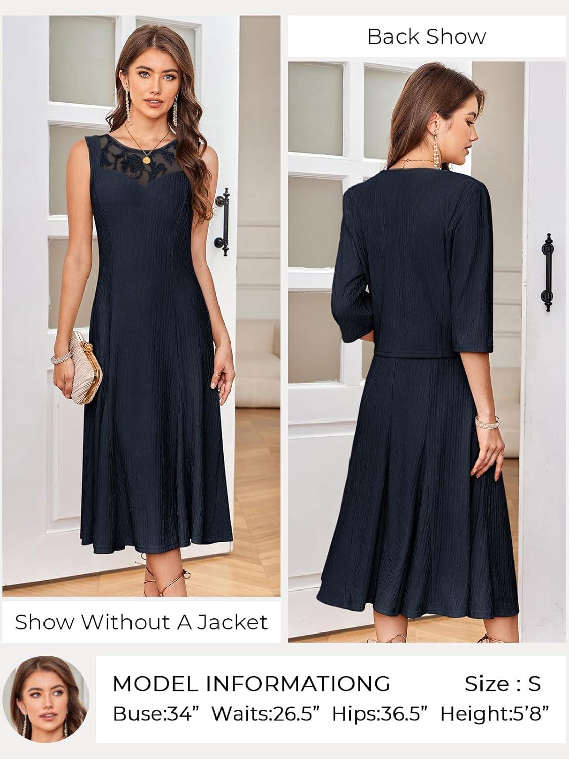 imageGRACE KARIN Grandma of The Bridal DressWeddings Cocktail Evening Dresse for Women Lace Sequins Midi Dresses with JacketsNavy Blue