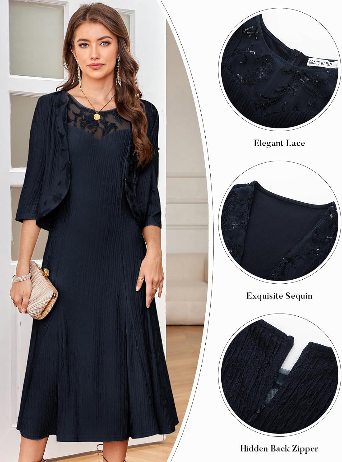 imageGRACE KARIN Grandma of The Bridal DressWeddings Cocktail Evening Dresse for Women Lace Sequins Midi Dresses with JacketsNavy Blue