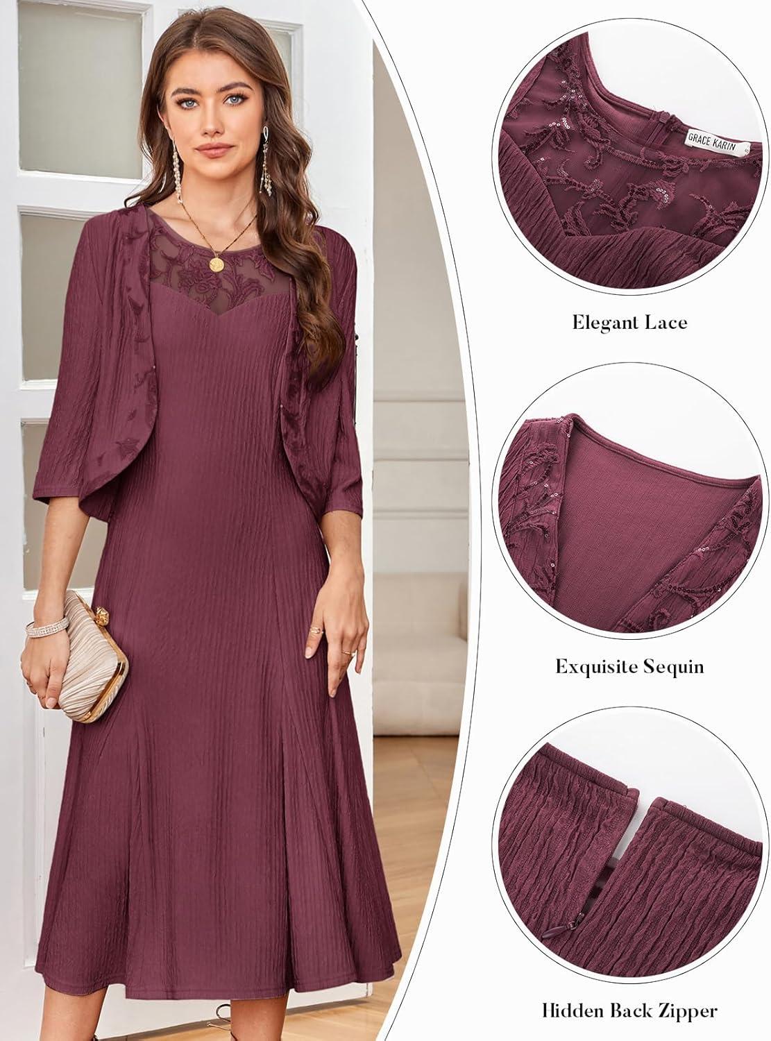 imageGRACE KARIN Grandma of The Bridal DressWeddings Cocktail Evening Dresse for Women Lace Sequins Midi Dresses with JacketsRose Purple