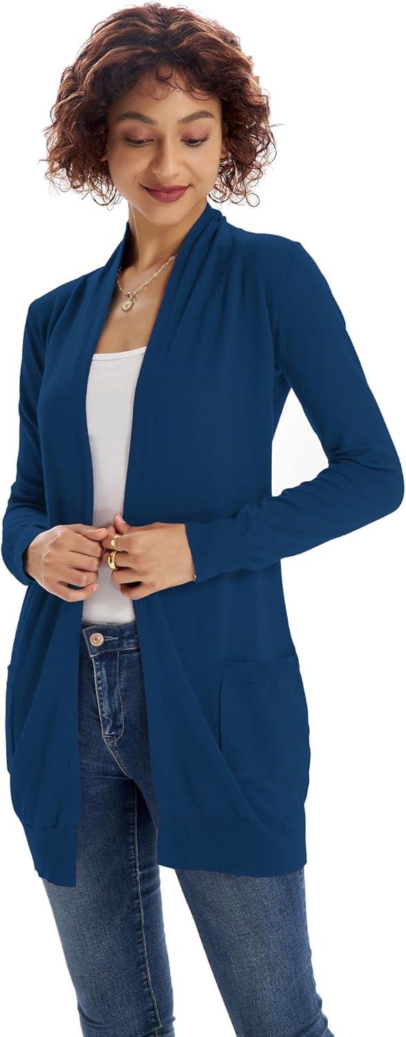 imageGRACE KARIN Women Lightweight Cardigan Sweaters with Pocket Long Sleeve ShrugsClassic Blue