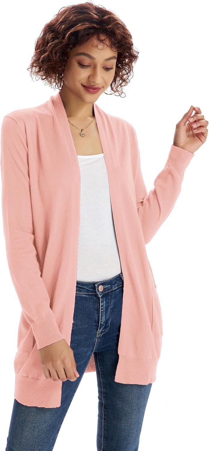 imageGRACE KARIN Women Lightweight Cardigan Sweaters with Pocket Long Sleeve ShrugsCloud Pink