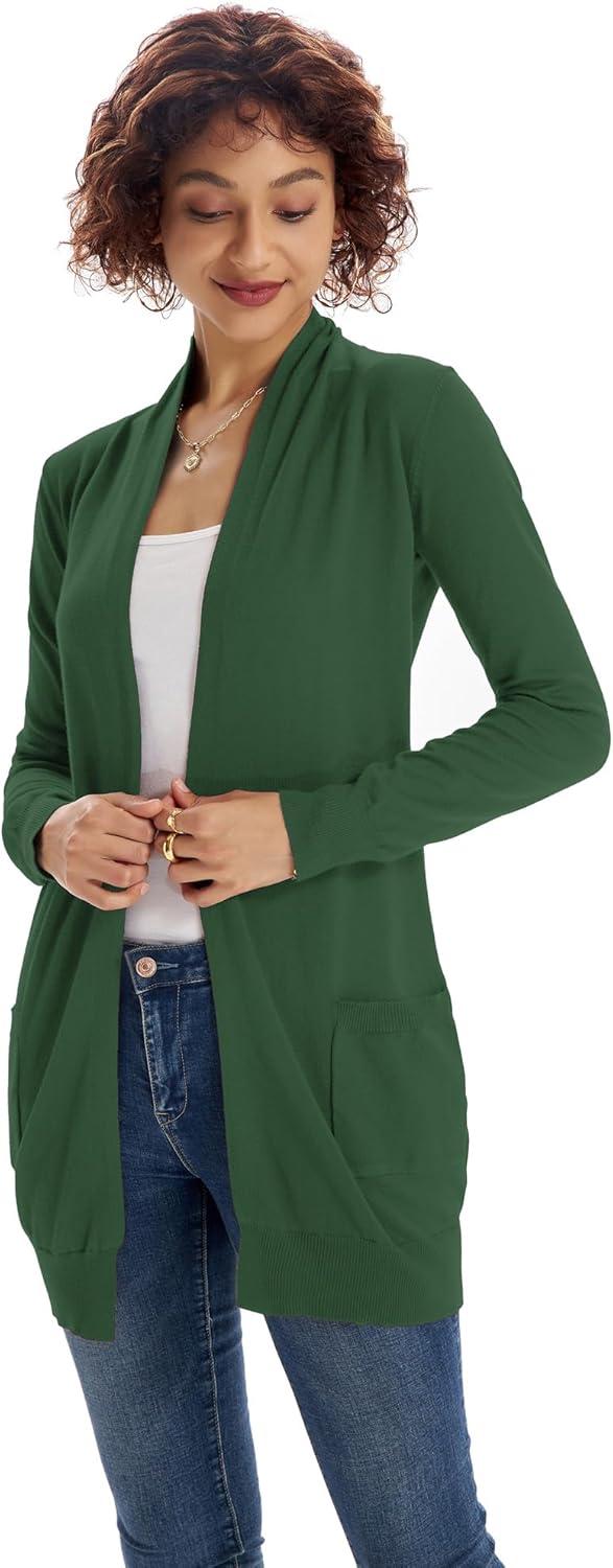 imageGRACE KARIN Women Lightweight Cardigan Sweaters with Pocket Long Sleeve ShrugsElm Green