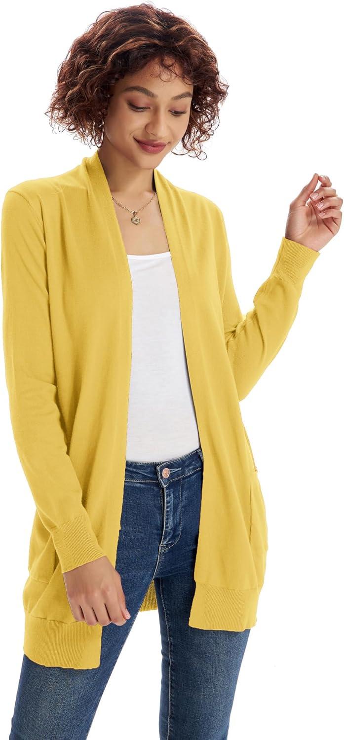 imageGRACE KARIN Women Lightweight Cardigan Sweaters with Pocket Long Sleeve ShrugsLemon Curry