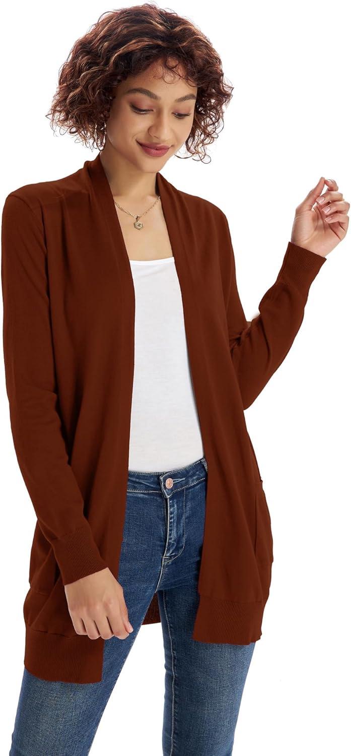 imageGRACE KARIN Women Lightweight Cardigan Sweaters with Pocket Long Sleeve ShrugsRusset Brown