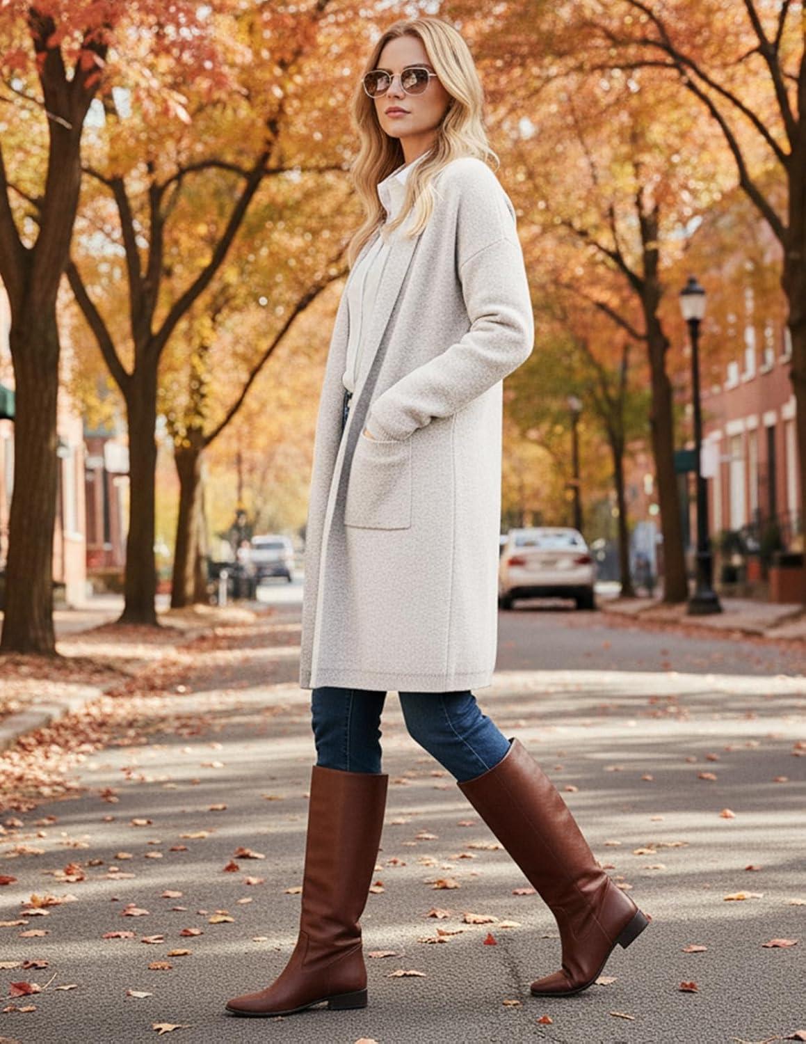 imageGRACE KARIN Women Long Sweater Blazers 2025 Open Front Knit Cardigan Dressy Soft Lapel Jacket with PocketsBeige