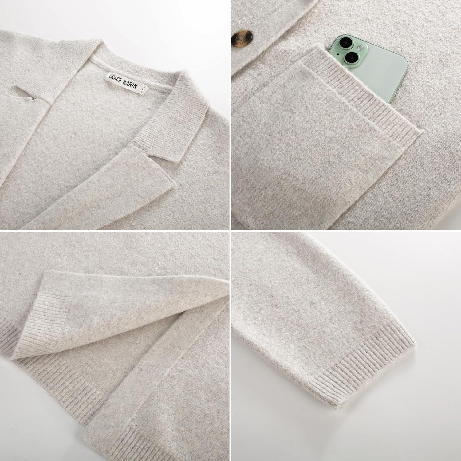 imageGRACE KARIN Women Long Sweater Blazers 2025 Open Front Knit Cardigan Dressy Soft Lapel Jacket with PocketsBeige