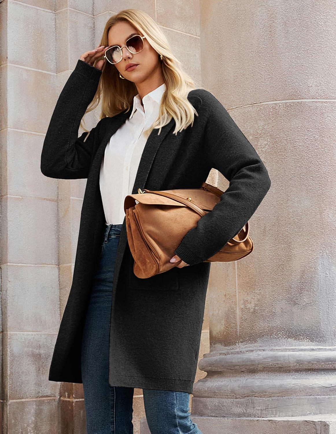 imageGRACE KARIN Women Long Sweater Blazers 2025 Open Front Knit Cardigan Dressy Soft Lapel Jacket with PocketsBlack