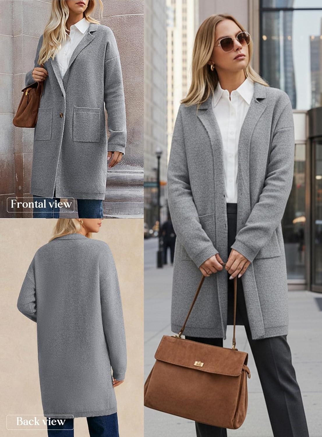 imageGRACE KARIN Women Long Sweater Blazers 2025 Open Front Knit Cardigan Dressy Soft Lapel Jacket with PocketsGrey
