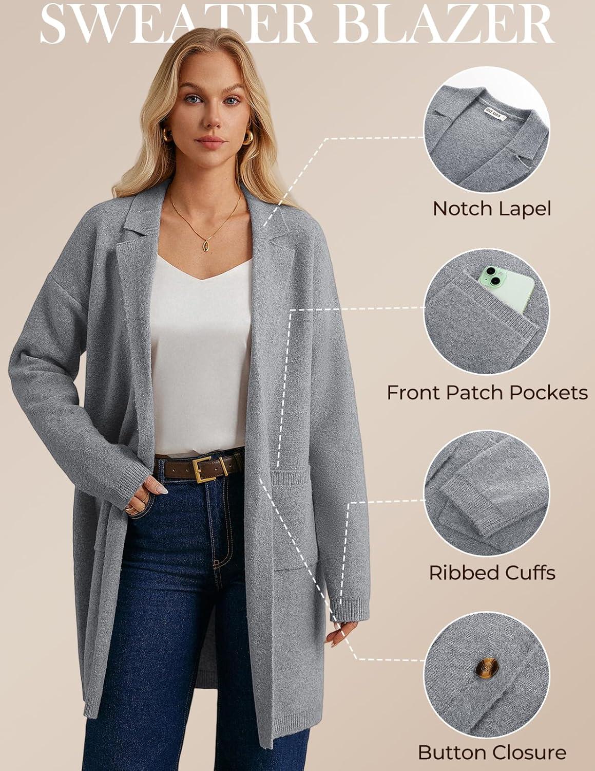imageGRACE KARIN Women Long Sweater Blazers 2025 Open Front Knit Cardigan Dressy Soft Lapel Jacket with PocketsGrey