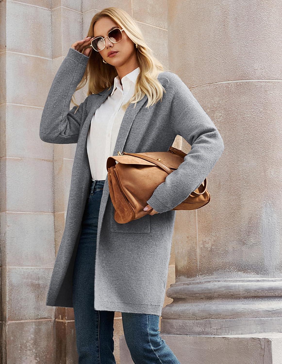 imageGRACE KARIN Women Long Sweater Blazers 2025 Open Front Knit Cardigan Dressy Soft Lapel Jacket with PocketsGrey