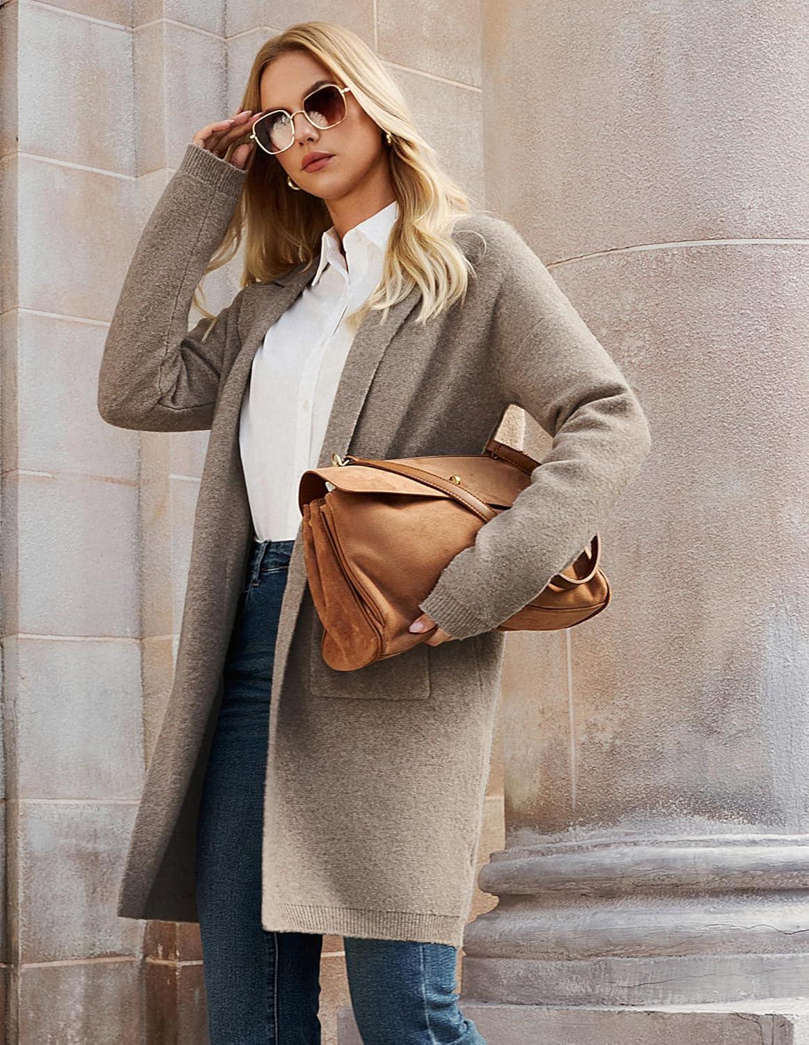 imageGRACE KARIN Women Long Sweater Blazers 2025 Open Front Knit Cardigan Dressy Soft Lapel Jacket with PocketsKhaki