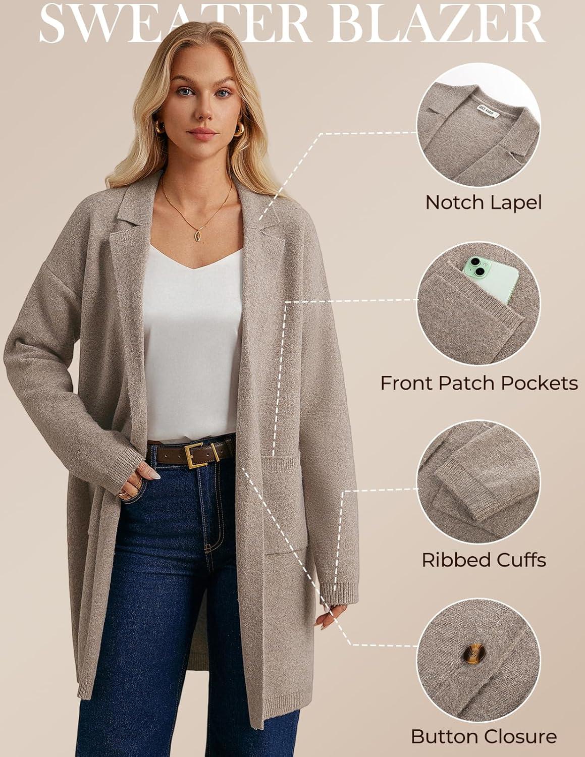 imageGRACE KARIN Women Long Sweater Blazers 2025 Open Front Knit Cardigan Dressy Soft Lapel Jacket with PocketsKhaki