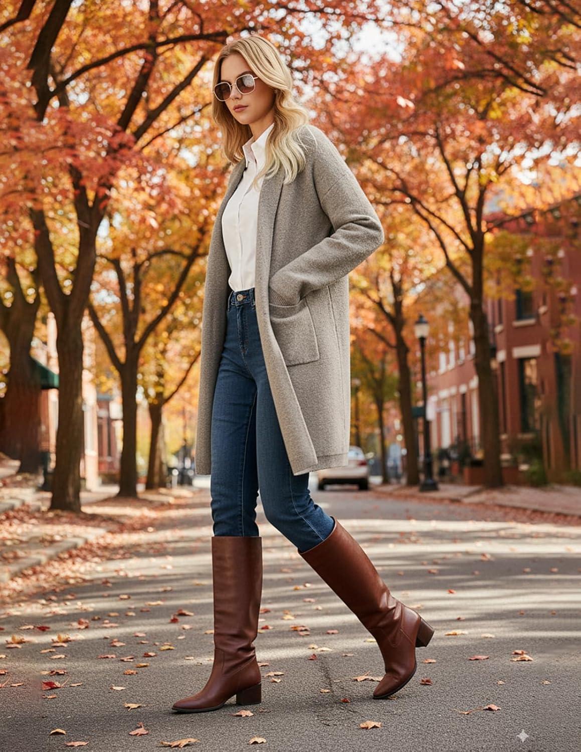 imageGRACE KARIN Women Long Sweater Blazers 2025 Open Front Knit Cardigan Dressy Soft Lapel Jacket with PocketsKhaki