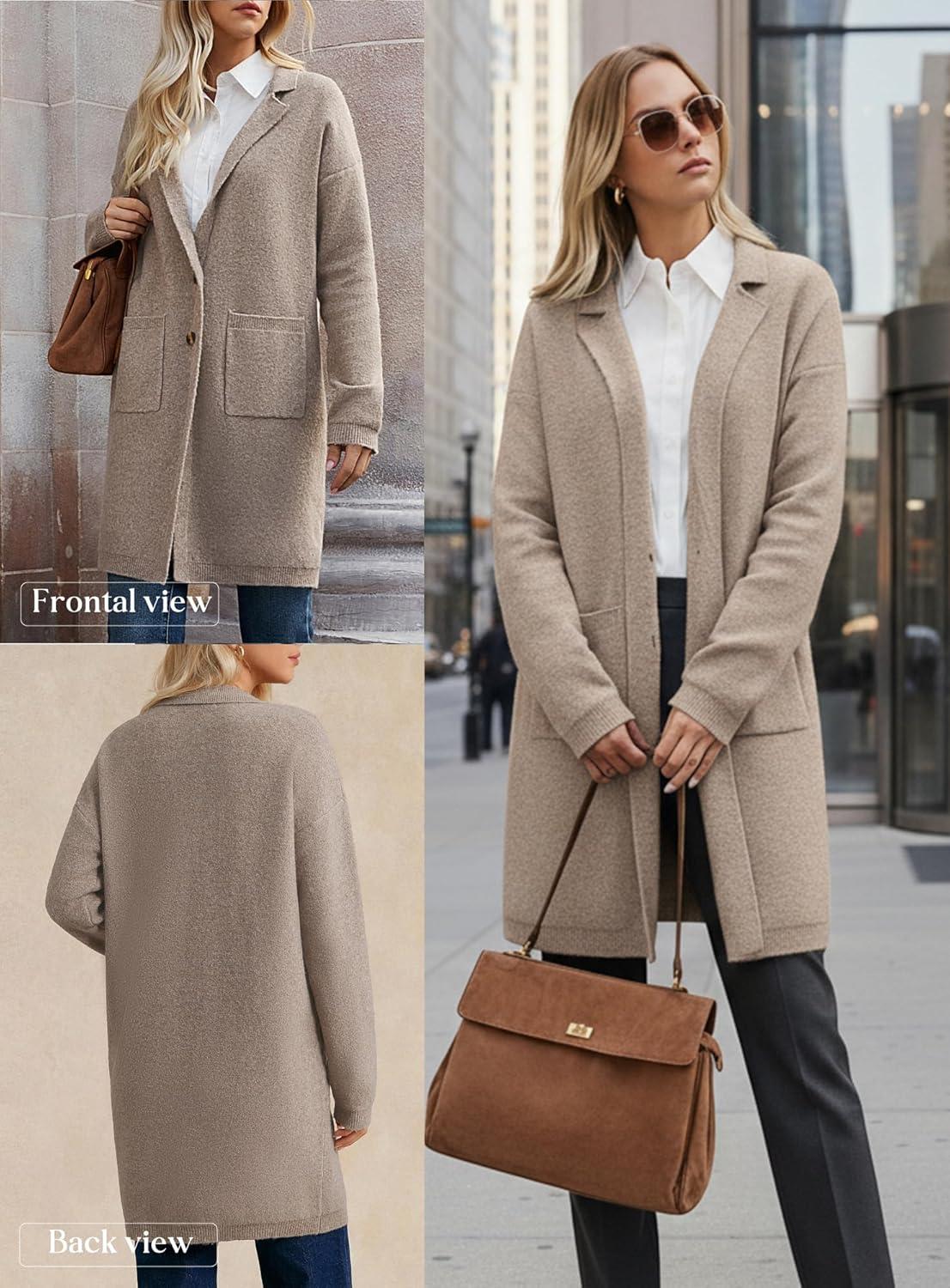 imageGRACE KARIN Women Long Sweater Blazers 2025 Open Front Knit Cardigan Dressy Soft Lapel Jacket with PocketsKhaki